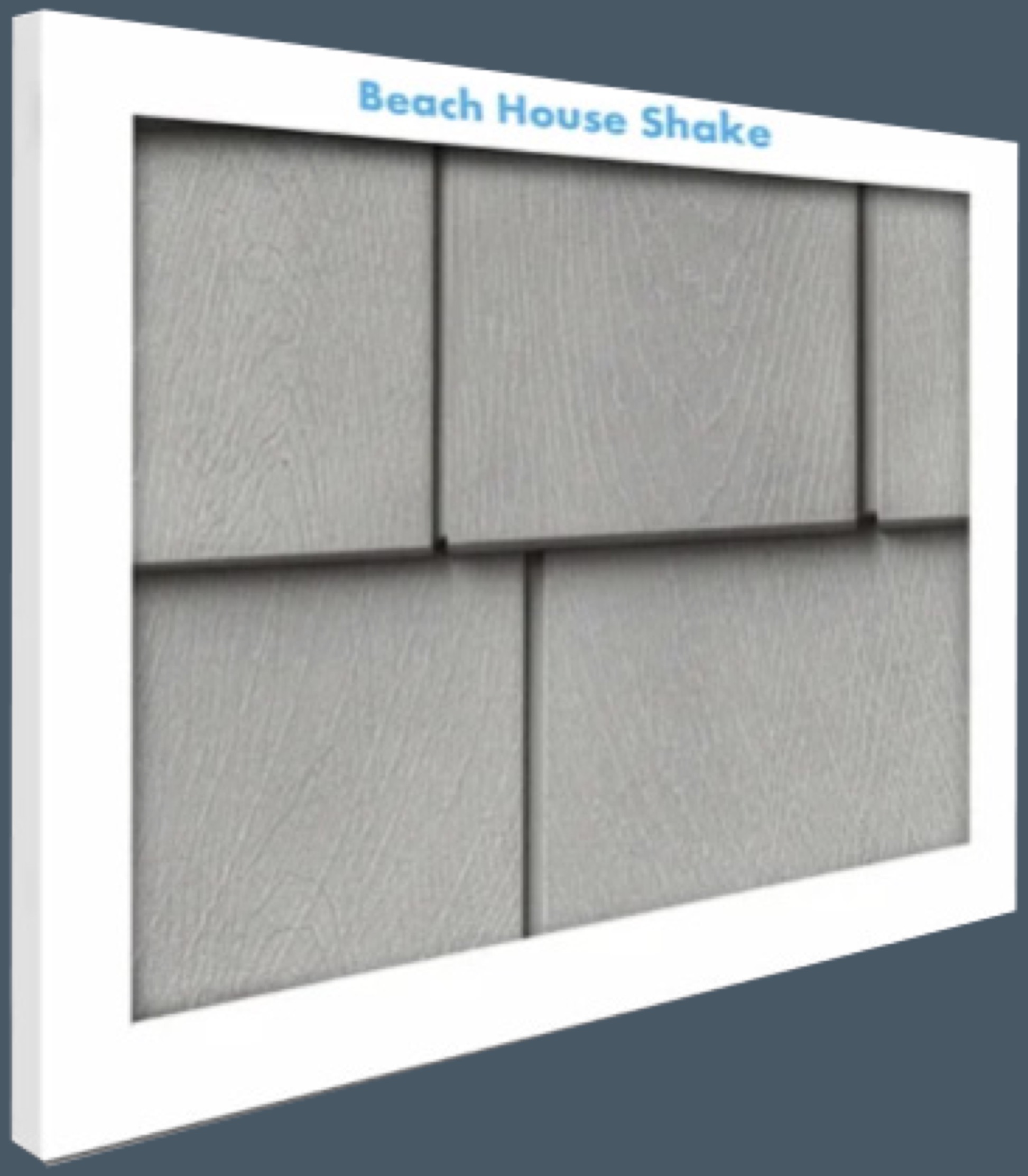Beach House Shake sample board showing gray composite shingles in a white frame