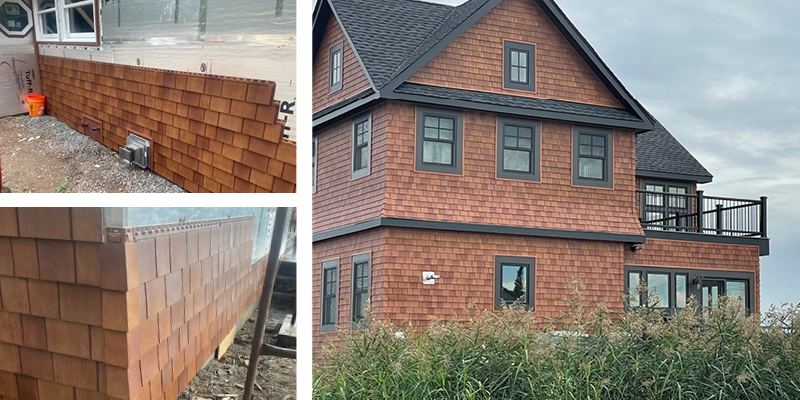 Beach House Shake composite shingles being installed over sheathing, alongside a finished cedar-look exterior